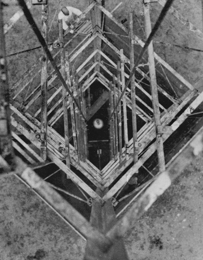 Charles Lindbergh took this picture of Robert H. Goddard's rocket when he peered down the launching tower on September 23, 1935, in Roswell, New Mexico. (Photo: Charles Lindbergh)