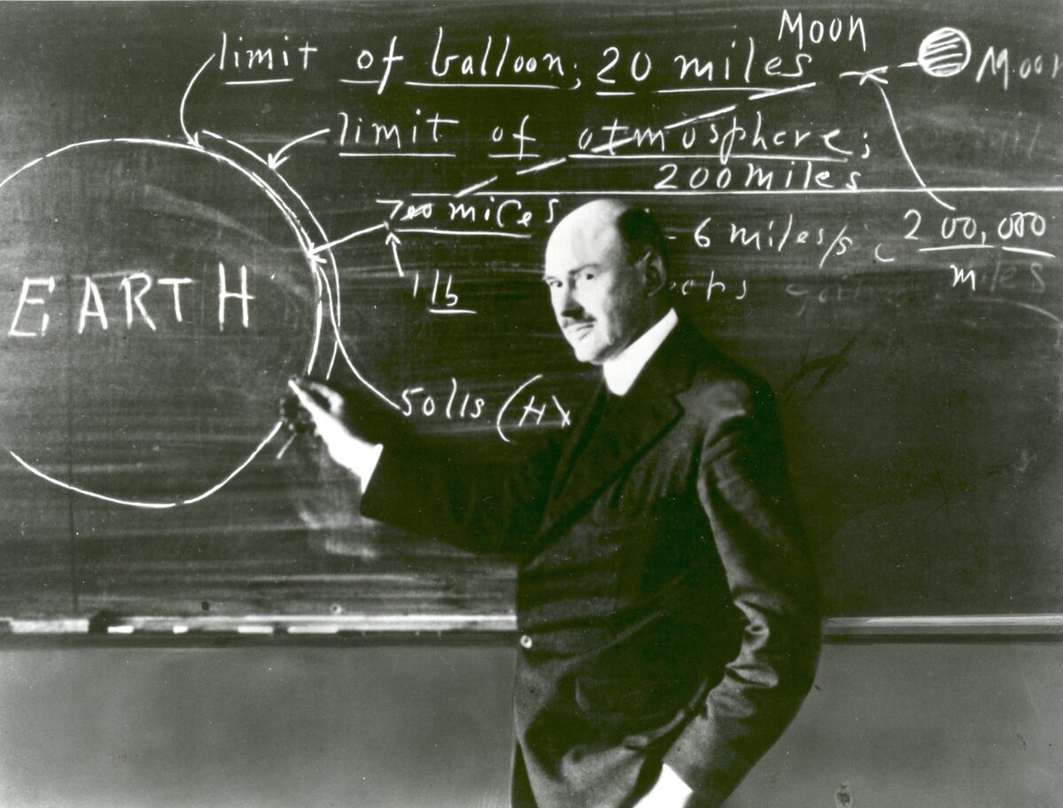 Dr. Robert H. Goddard at a blackboard at Clark University in Worcester, Massachusetts, in 1924. Goddard began teaching physics in 1914 at Clark and in 1923 was named the Director of the Physical Laboratory. In 1920 the Smithsonian Institution published his seminal paper "A Method for Reaching Extreme Altitudes," in which he asserted that rockets could be used to send payloads to the Moon. Declaring the absurdity of rockets ever reaching the Moon, the press mocked Goddard and his paper, calling him "Moon Man." To avoid further scrutiny Goddard eventually moved to New Mexico where he could conduct his research in private. (Photo: NASA)