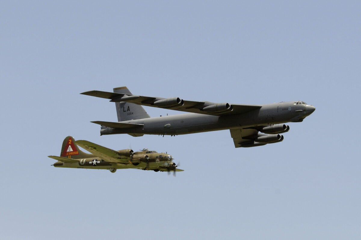 A B-17G Flying Fortress and a B-52H Stratofortress fly in a heritage flight formation on Saturday, May 13, 2006 during the Defenders of Liberty Airshow at Barksdale Air Force Base, Louisiana. These two aircraft represent 70 years of "fortresses." It was the first time in 50 years that they flew together in formation. (Photo: Master Sgt. Michael A. Kaplan/U.S. Air Force)