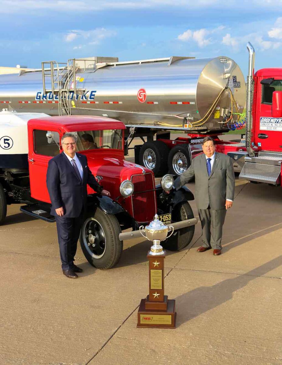 Groendyke Transport vehicles – past and present – and one of the company's safety trophies. (Photo: groendyke.com)