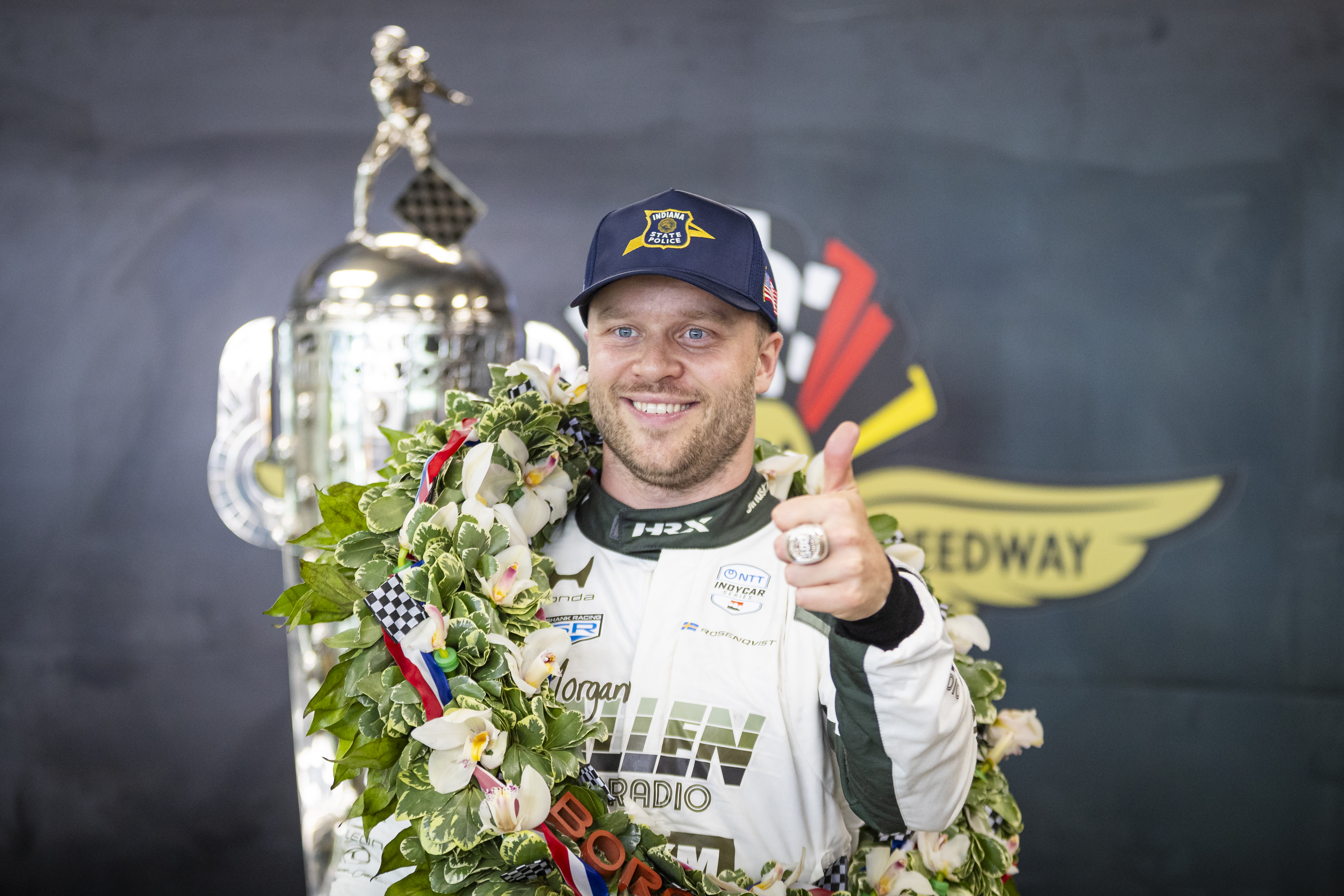 HRX driver Felix Rosenqvist celebrating after winning the Indianapolis 500 at Indianapolis Motor Speedway