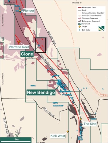Tibooburra project tenure, with regional geology, drill collars, main prospects, highlighting multiple parallel mineralised trends.