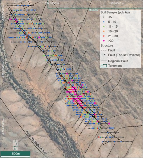 Structural mapping and thematically mapped minus 80# mesh soil samples over the ~ 3 km Clone Trend