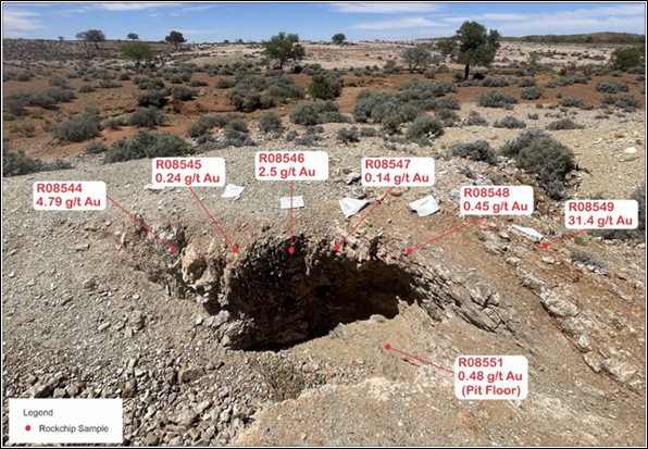 Rock chip sample results from an exposure of the west dipping Clone Thrust, highlighting a significant high-grade zone of mineralisation over approx. 8 m width with a peak result of 31.4 g/t Au from the western-most quartz vein; results may not be indicative of mineralisation in the district