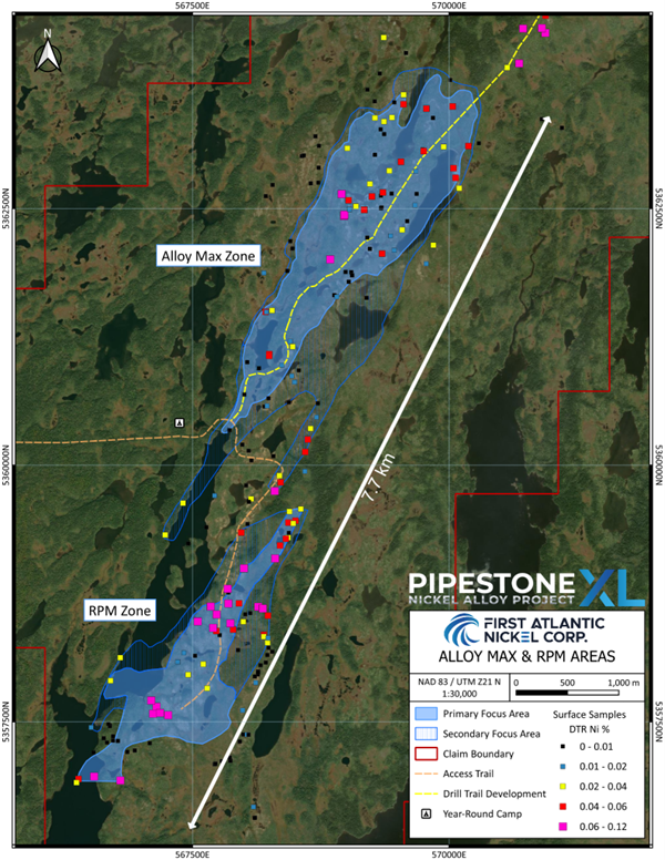 Map of Alloy Max & RPM Zone areas with DTR nickel (%) in surface rock samples