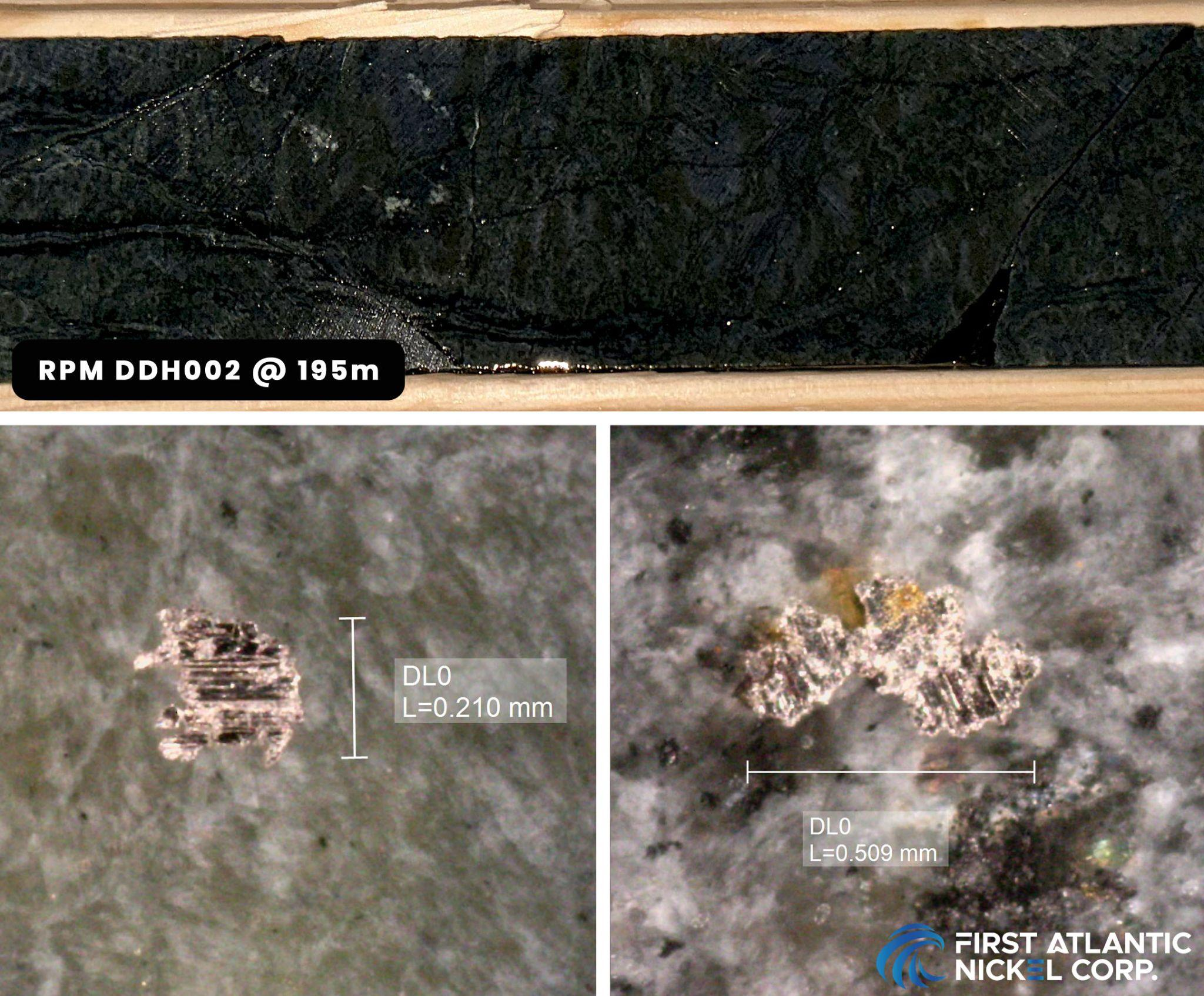 Core sample from drill hole RPM drill hole 2 (AN-24-03) at a depth of 195 meters, featuring visible awaruite mineralization. The lower images show magnified views of the awaruite grains, with sizes ranging from 210 to 509 microns.