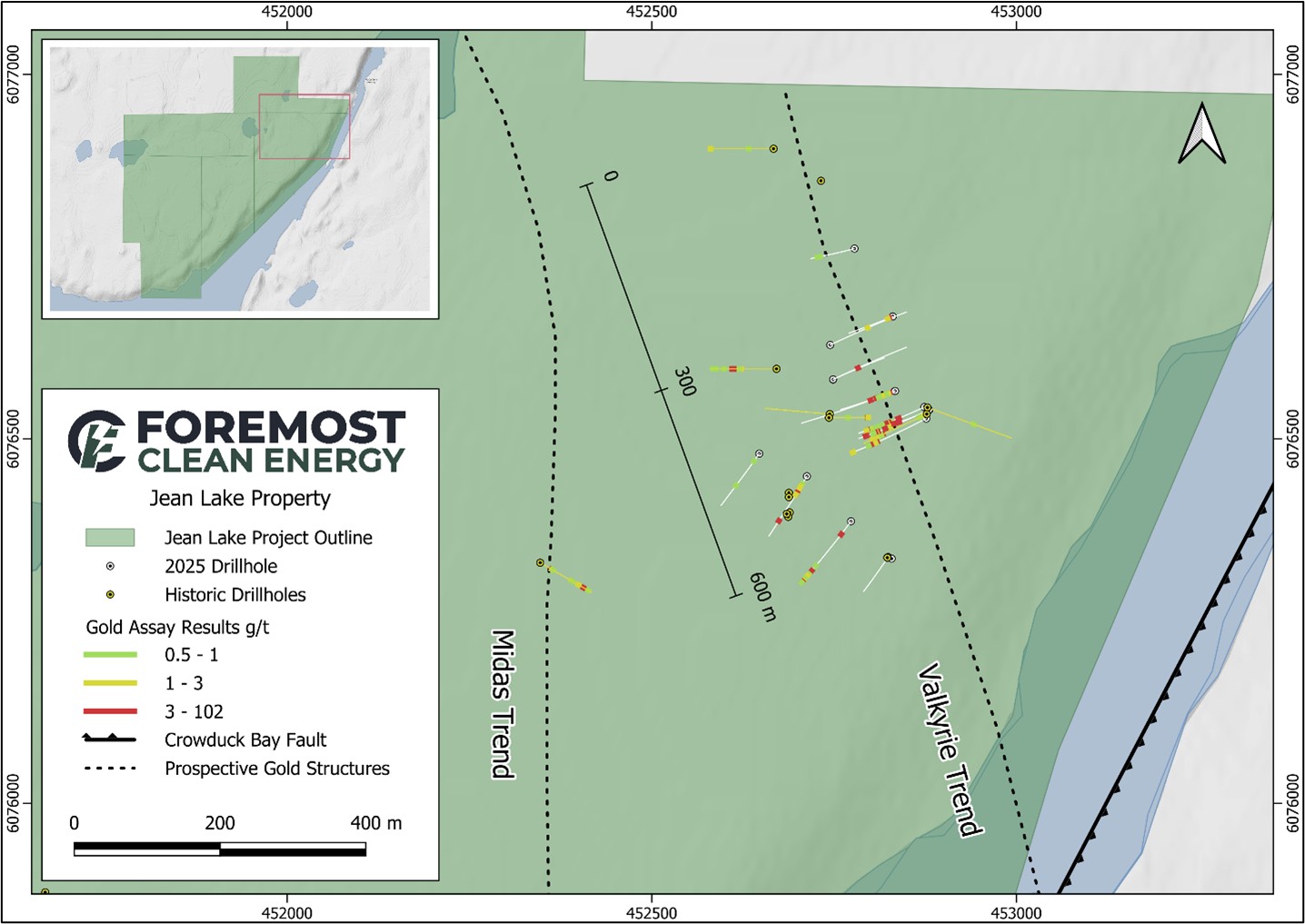 Jean Lake 2025 Drillhole Location Map Showing ~600 m Structural Trend