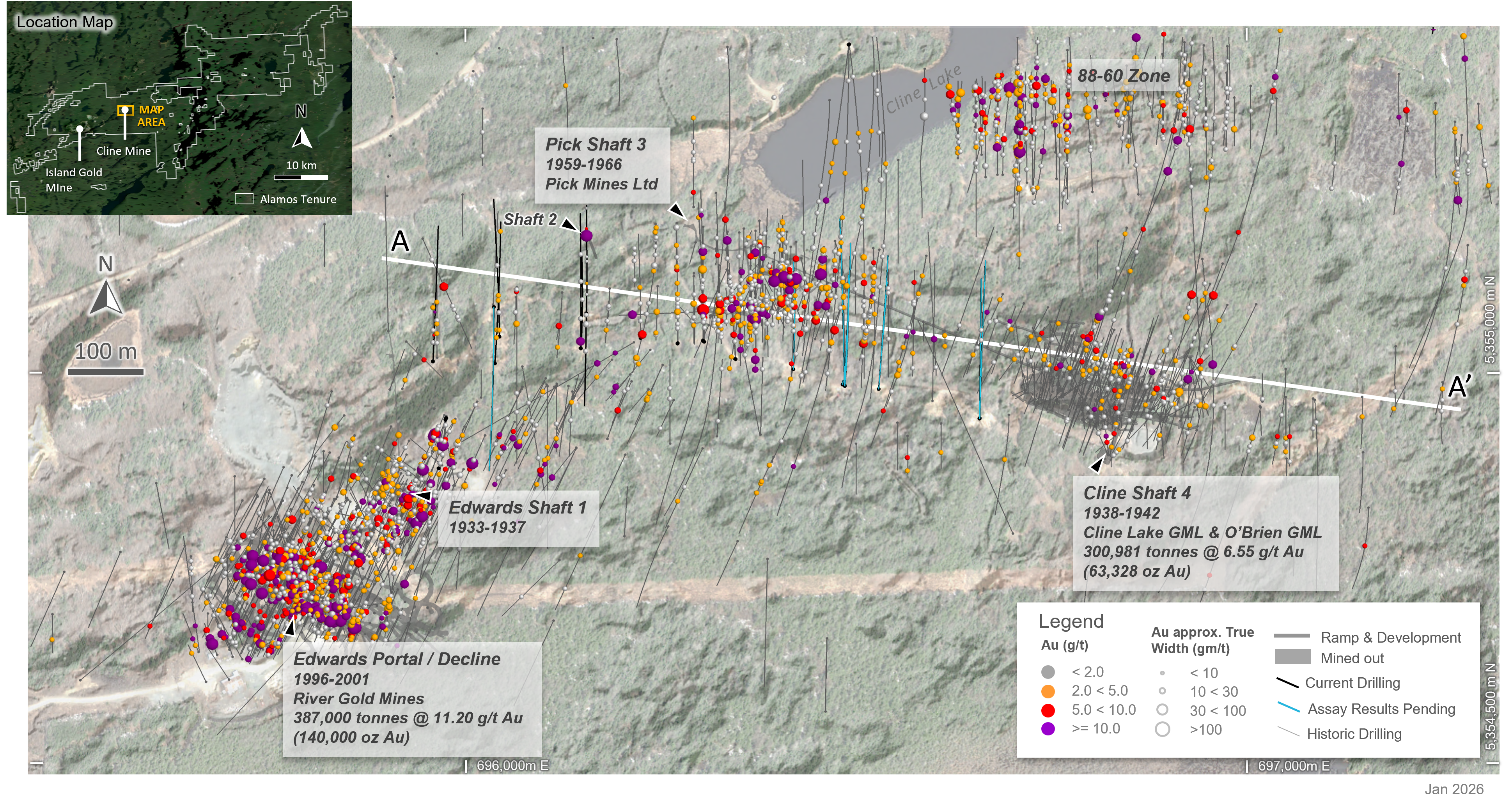 Figure 5 Cline-Pick Mines Plan Map with current and historic drilling