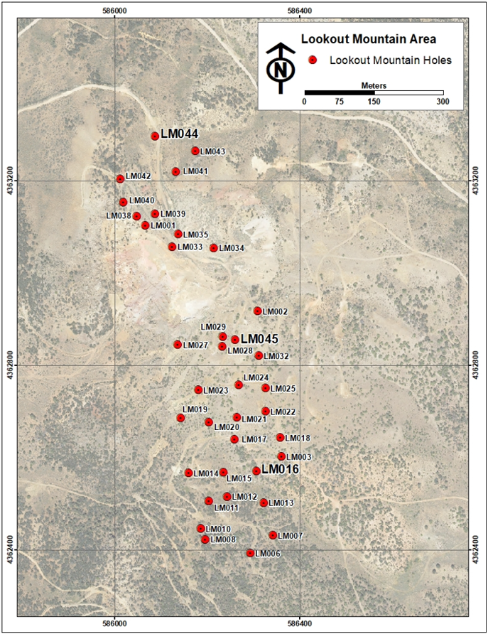 Figure 2. Map of Lookout Mountain showing the location of the holes from the 2025 drilling campaign