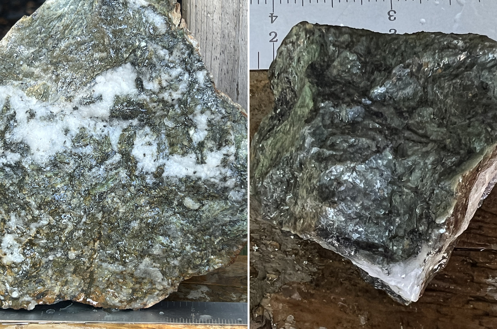 Figure 1: Howells Lake quartz carbonate with green mica and stibnite (antimony sulphide). ; Figure 2: Howells Lake Project. Strong carbonate with dark veinlets of stibnite (antimony sulphide).