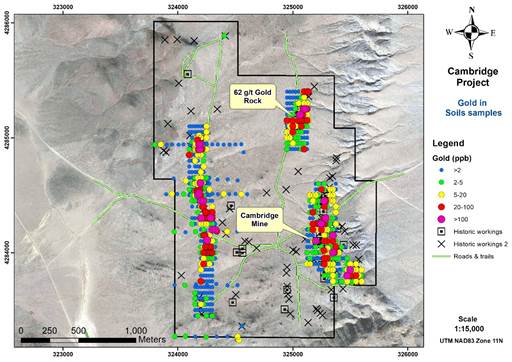 Figure 5: Gold in Preliminary Soil Sampling – Cambridge Property.