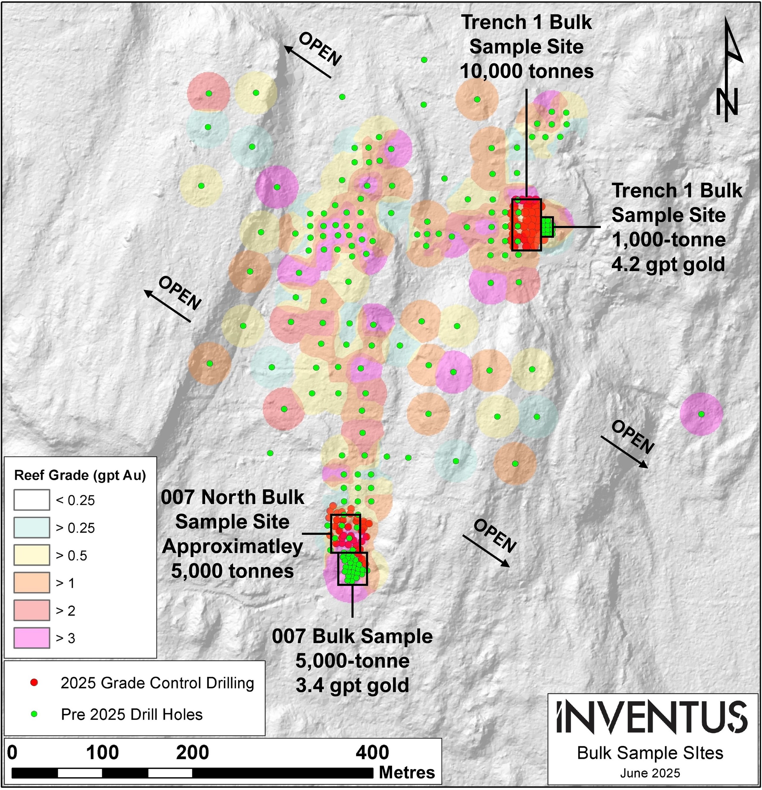 Figure 1. Plan map illustrating the location of the 007 North and Trench 1 Bulk Sample Sites with Lidar background.