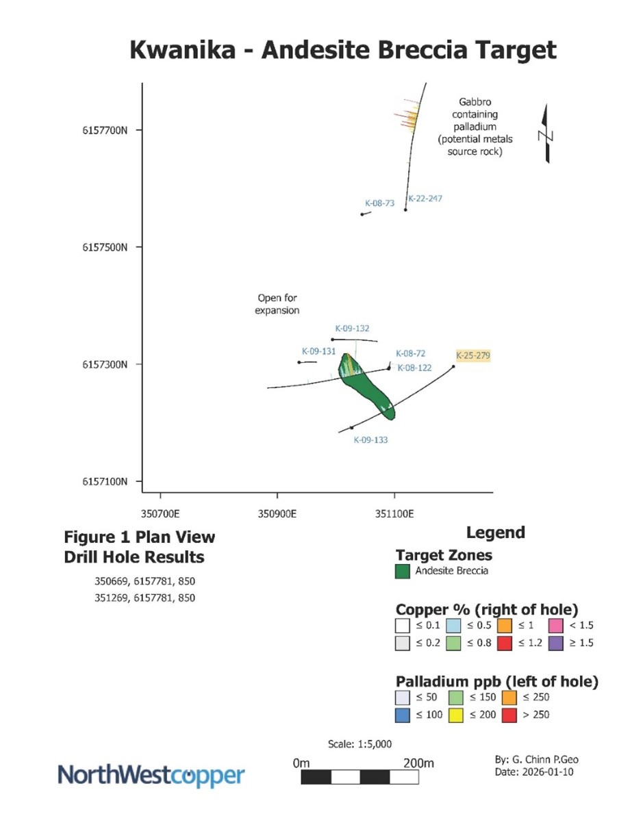 Plan View of Andesite Breccia with K-25-279 and Historical Drill Hole Locations
