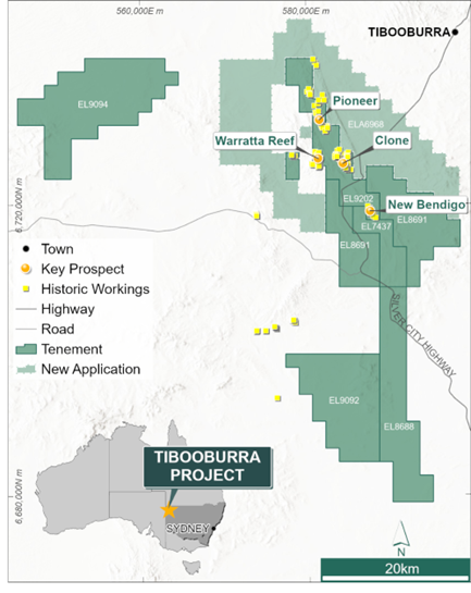 Location, tenure (including the new ELA6968) and key prospects at Tibooburra, NSW.
