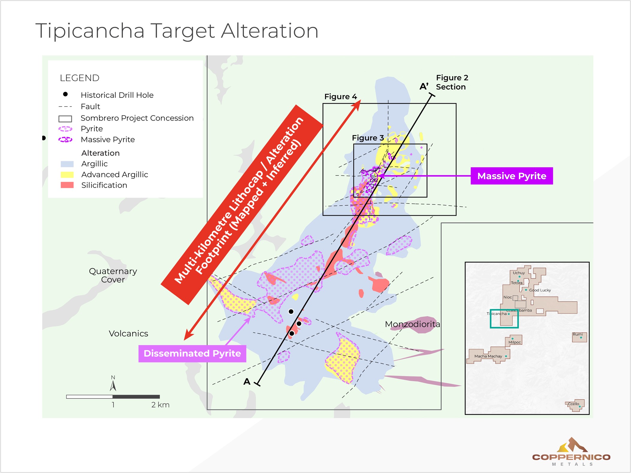 Mapped alteration and structure over the greater Tipicancha target area.