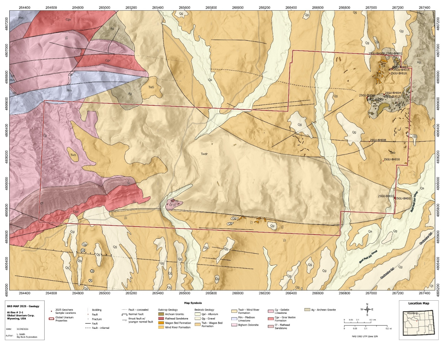 Figure 1. Updated geological map of the study area on the western group of BLM claims on the Airline Project.