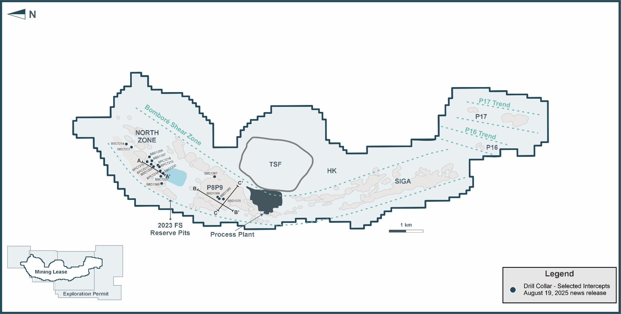 Bomboré Plan Map Highlighting Selected Intercepts