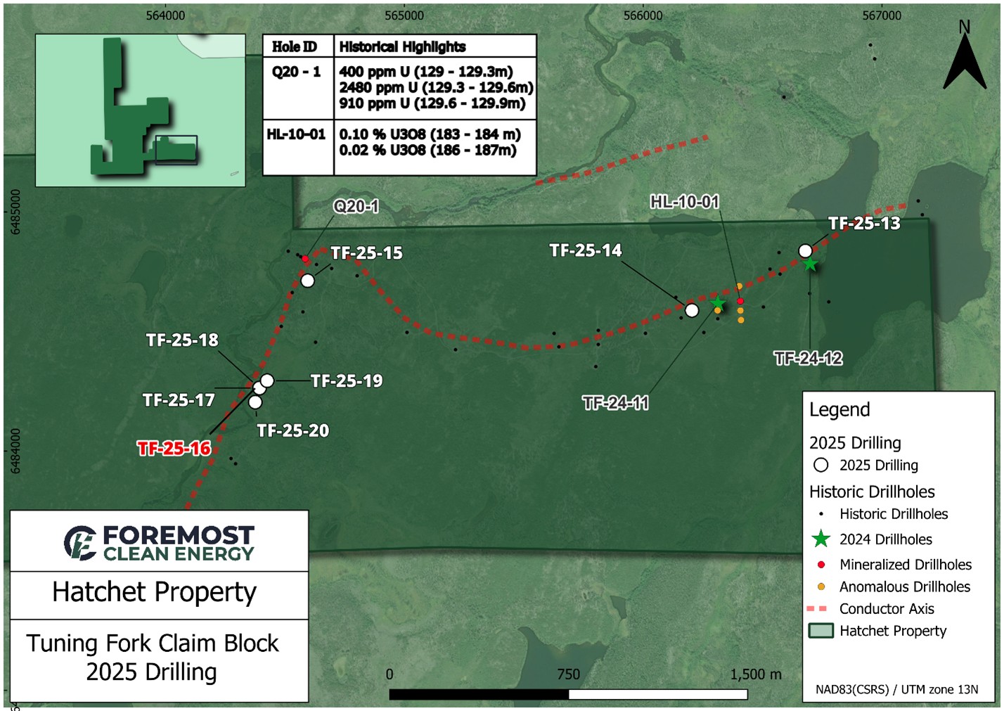 Figure 2 – Tuning Fork Claim Block - 2025 drill hole locations and historical results.