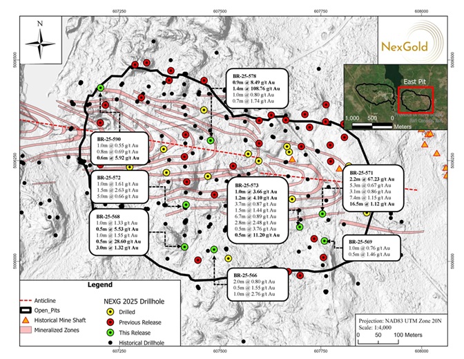 Plan map showing the location of diamond drill holes BR-25-566, 568, 569, 571 to 573, 578 and 590 along with highlights’ assays in the proposed East Pit, Goldboro Gold Deposit
