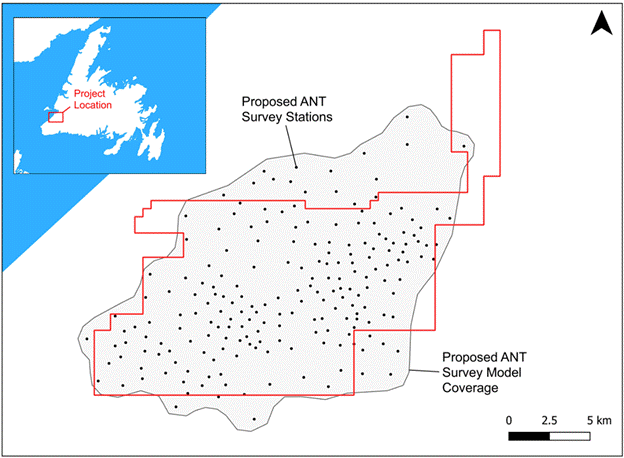 Proposed locations of the Ambient Noise Tomography (ANT) stations and model coverage on the Robinsons Salt Project (red boundary line) in western Newfoundland.