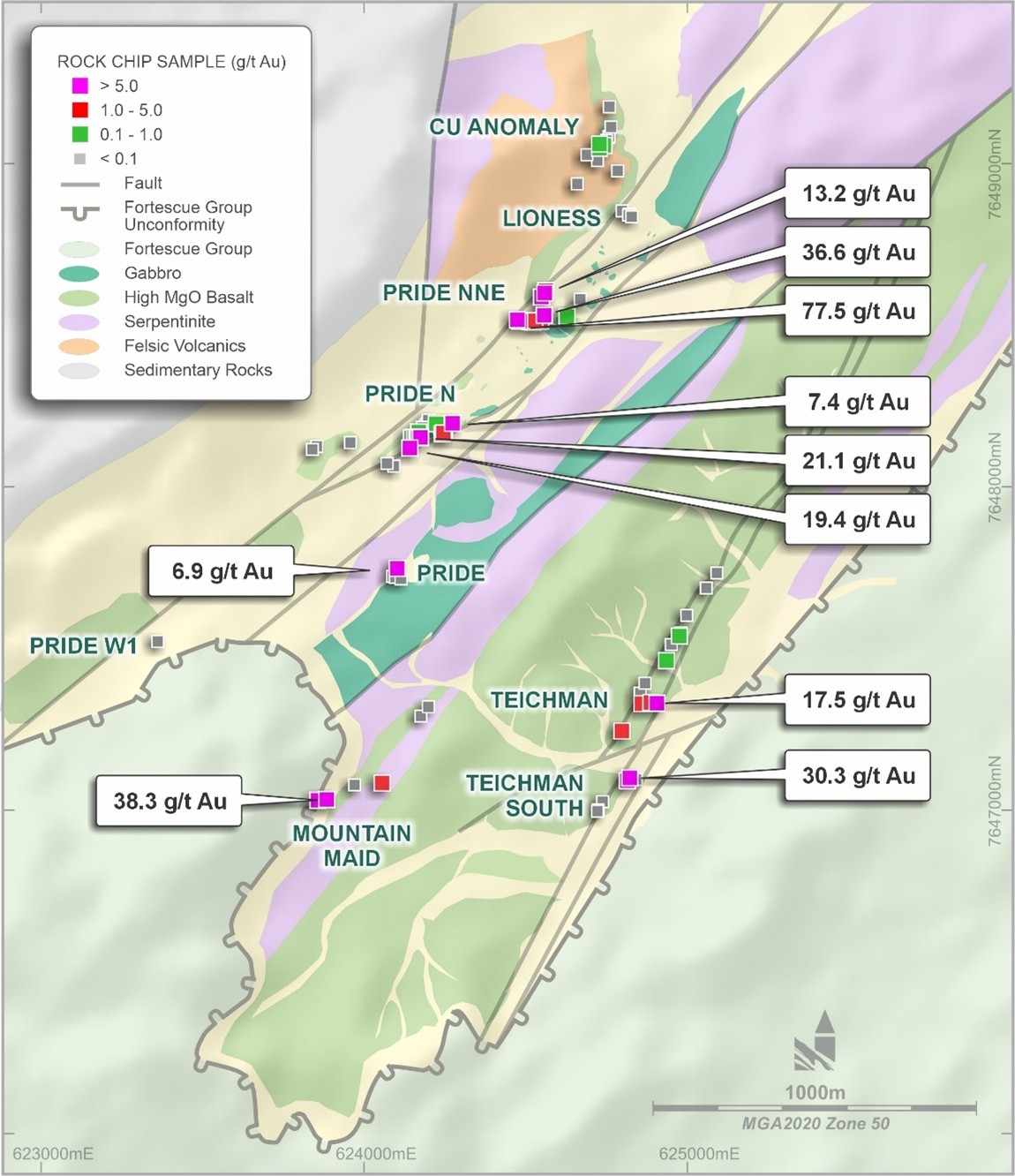 Teichman prospects highlighting Novo rock chip results > 5 g/t Au and geological interpretation with regolith cover