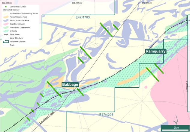 AC collar locations on interpreted regional geology and structure