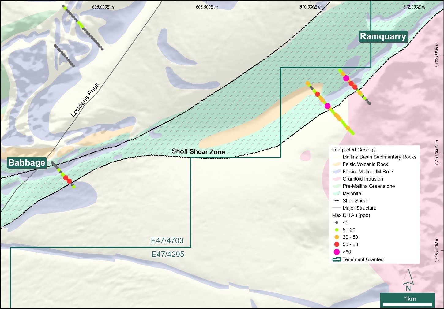 AC collar locations over regional geological interpretation and airborne magnetics, showing maximum downhole gold values