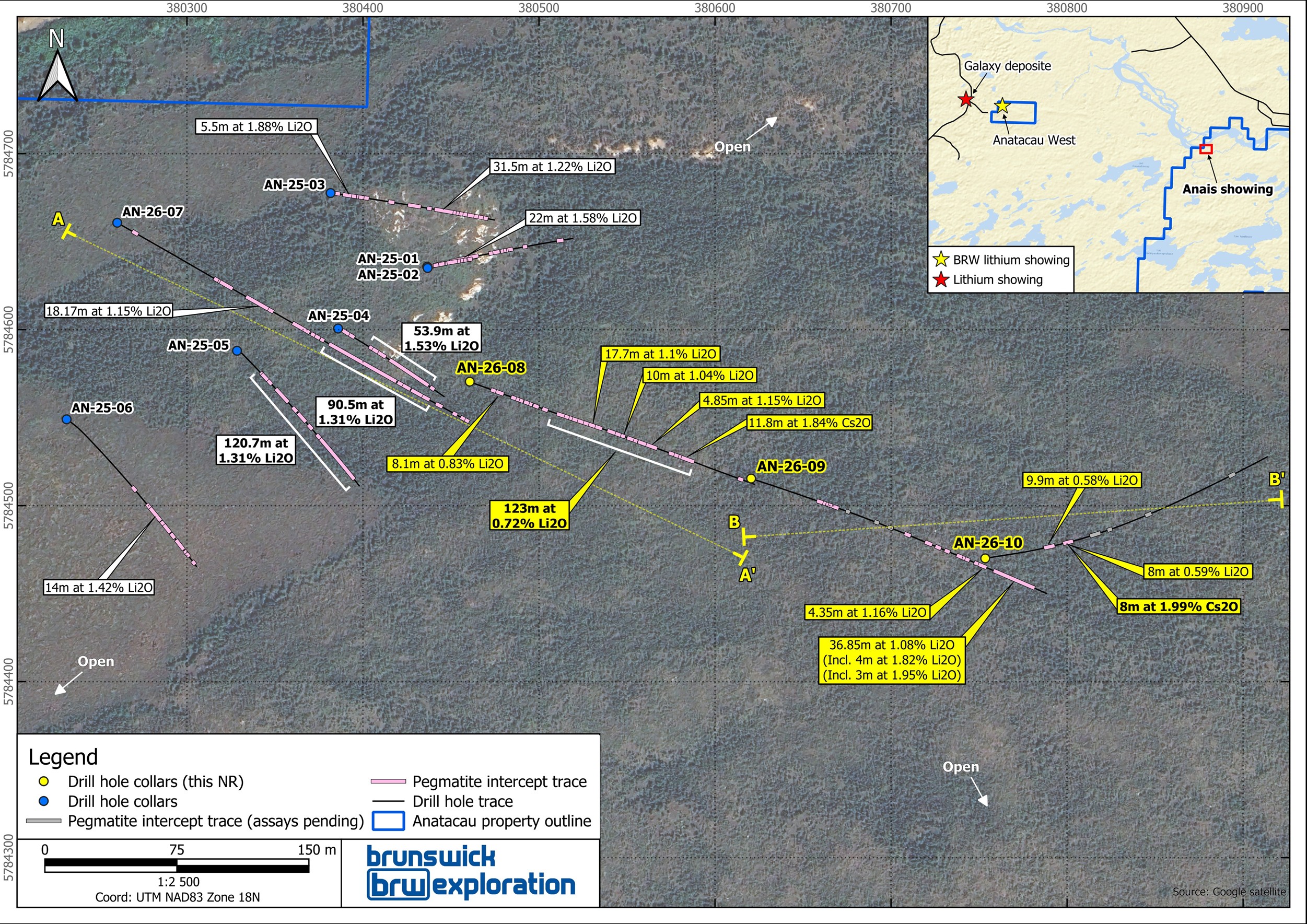 Figure 1: Surface Map of the Anatacau Main Project and Drill Holes Completed to Date