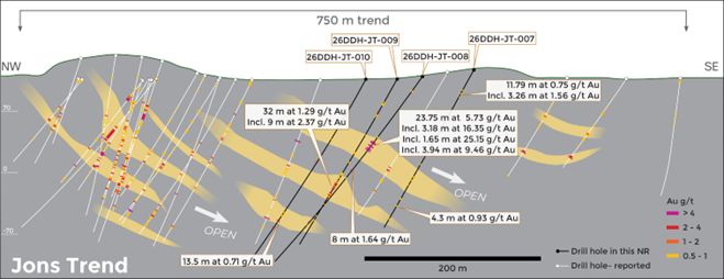 Long section through Jons Trend showing stacked gold-bearing zones. The location of the long section is indicated in figure 2.