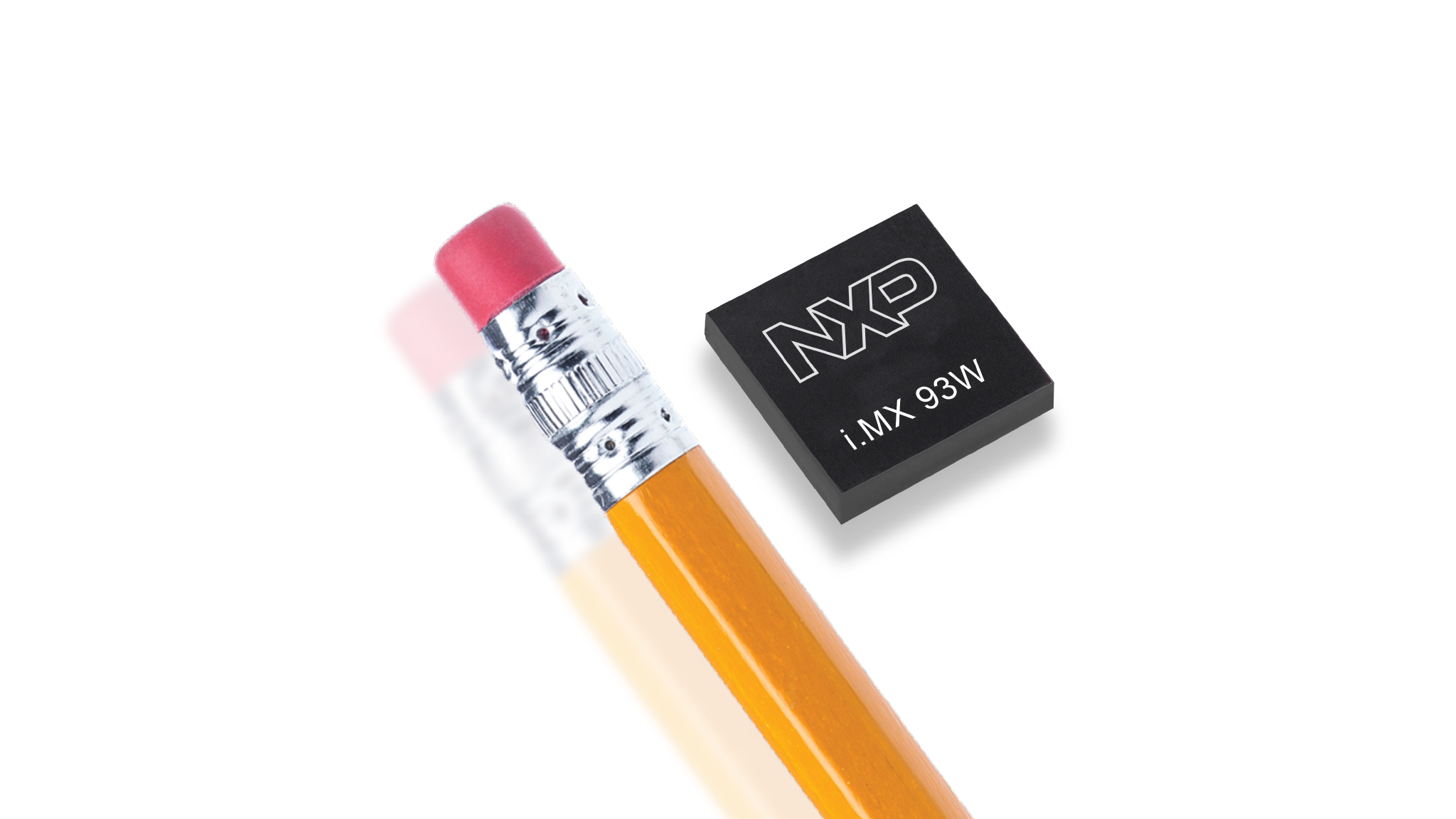 NXP i.MX 93W applications processor is placed to the right of a yellow number 2 pencil