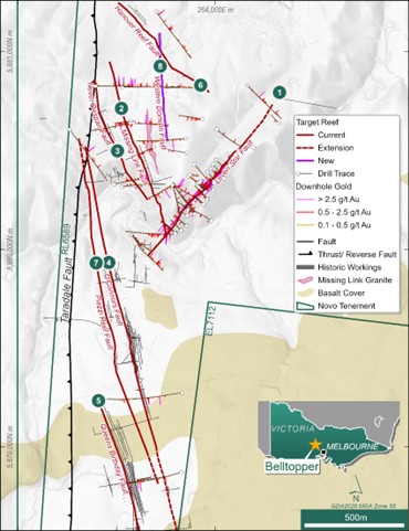 Overview Map of the Belltopper Gold Project showing location of the eight reefs included in the 2026 Exploration Target (see also Table 2), downhole gold tenor, historical workings, and important geological elements of the field.
