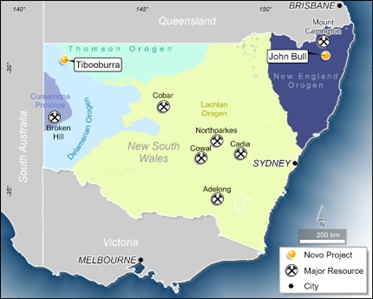 Location map showing Novo’s NSW projects