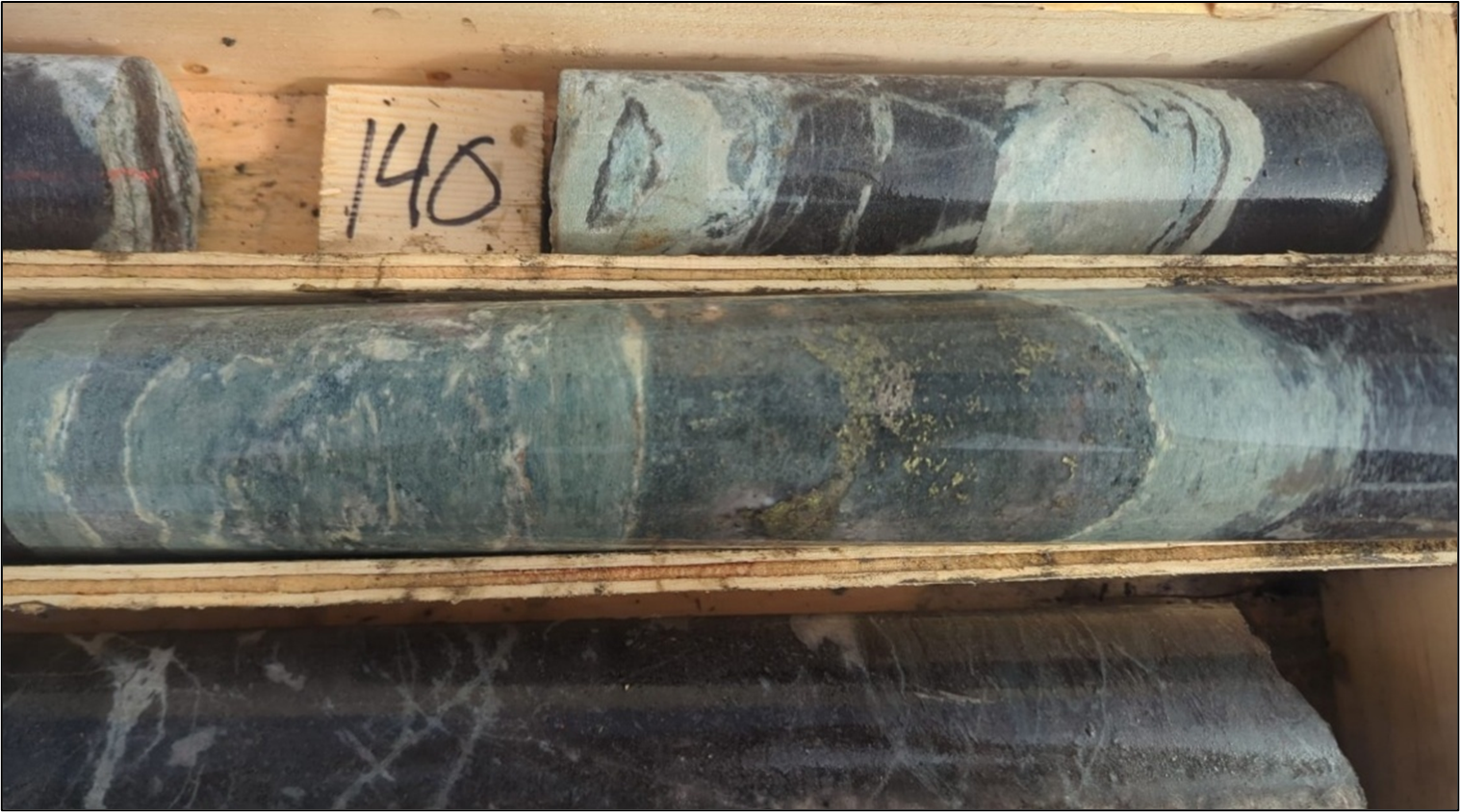 Hole BR25-002 at 140m. Mineralized skarn horizon with chalcopyrite > pyrrhotite following a feldspar porphyry dyke unit.