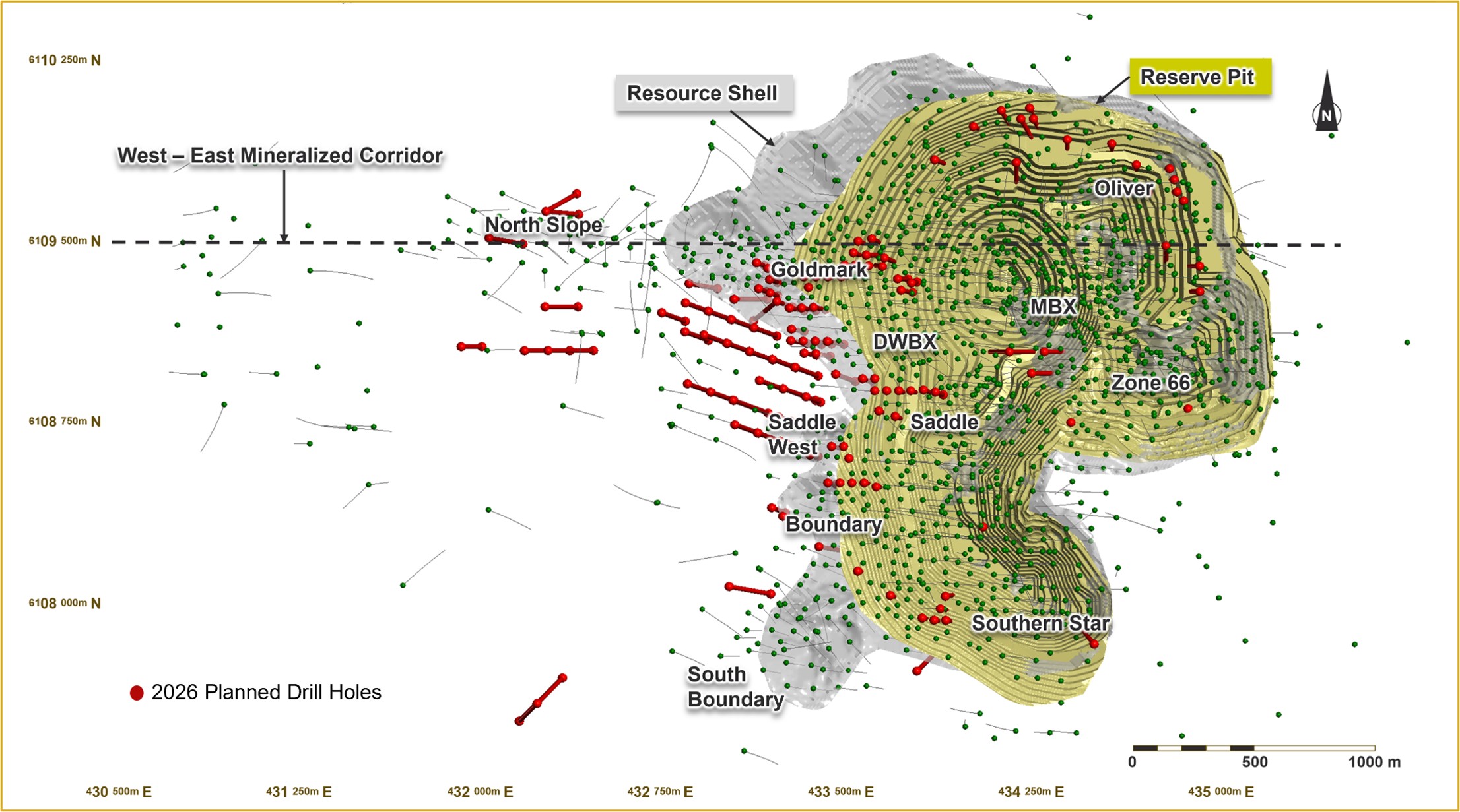 Plan view of the Mount Milligan deposit showing the 2025 resource shell and reserve pit with planned 2026 drillholes