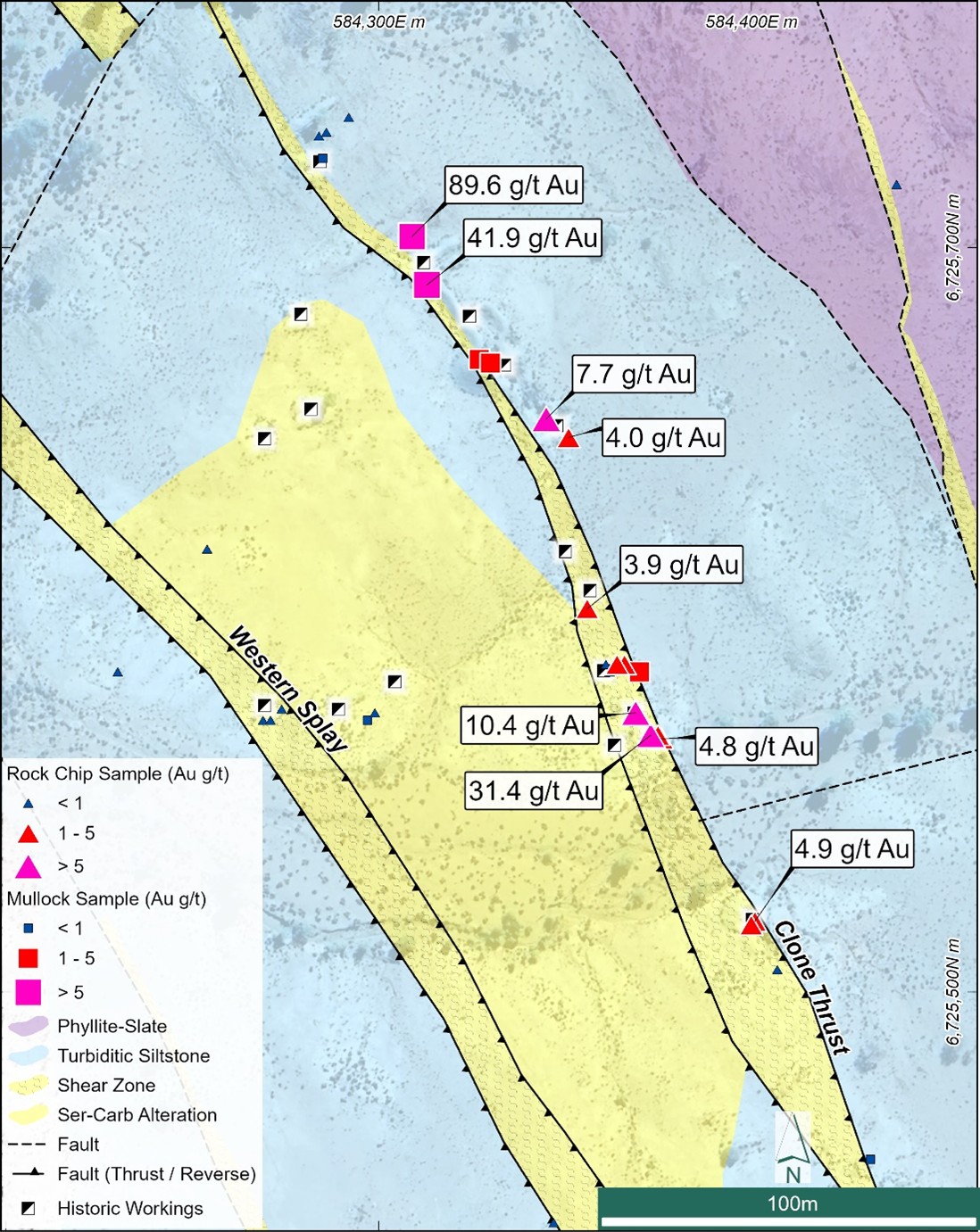 Clone historic workings, geological interpretation and surface rock chip results (2)