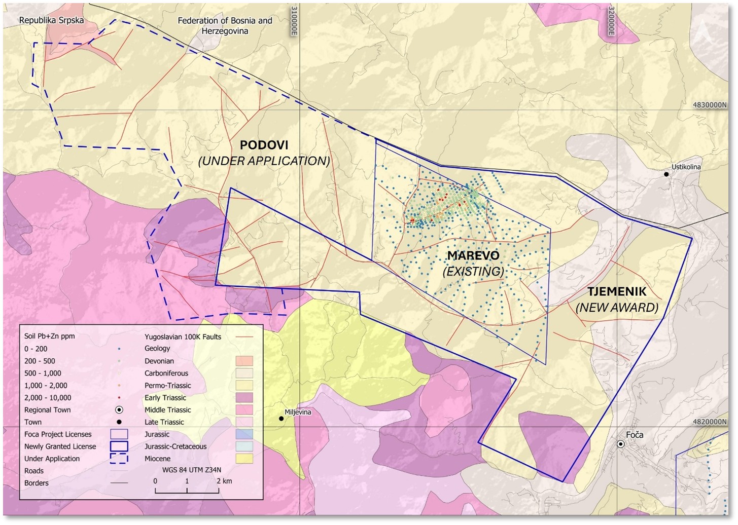Layout of the Marevo,Tjemenik and pending Podovi Exploration Licenses over a background of Permo-Triassic stratigraphy, and historic Yugoslav fault data.