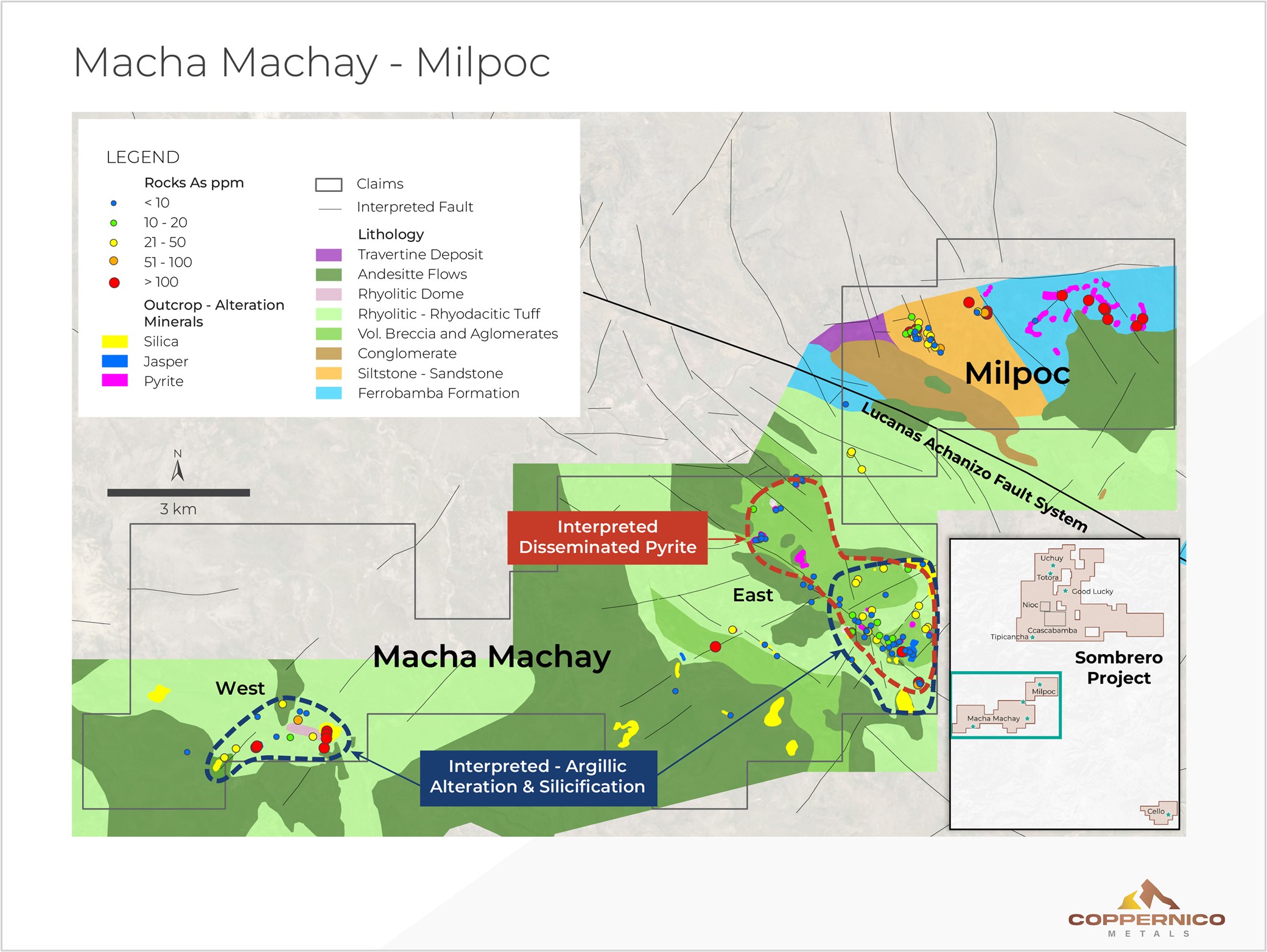 Mapped hydrothermal alteration systems at Macha Machay target (West and East prospects). Ferrobamba limestone has also been identified at the nearby Milpoc target, an important host rock for massive skarn mineralization throughout the A-Y belt and within the Sombrero Project