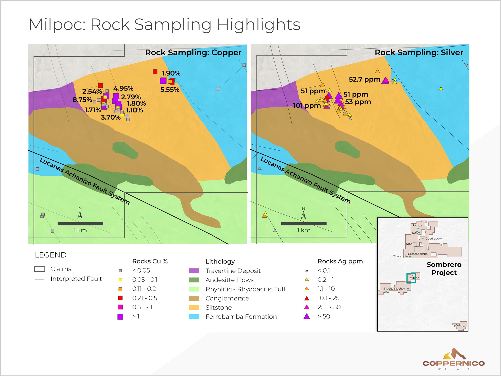 Robust copper and silver geochemical anomalies in basement rocks at Milpoc target