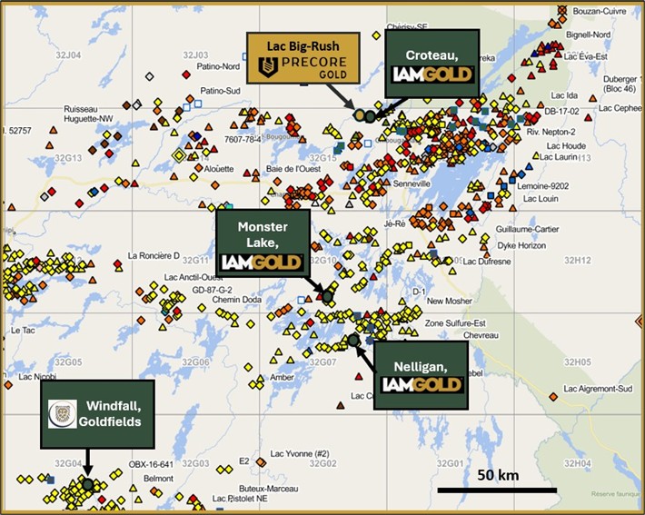 Figure 2. Map of Lac Big-Rush property location among important deposits in the Chibougamau Camp.