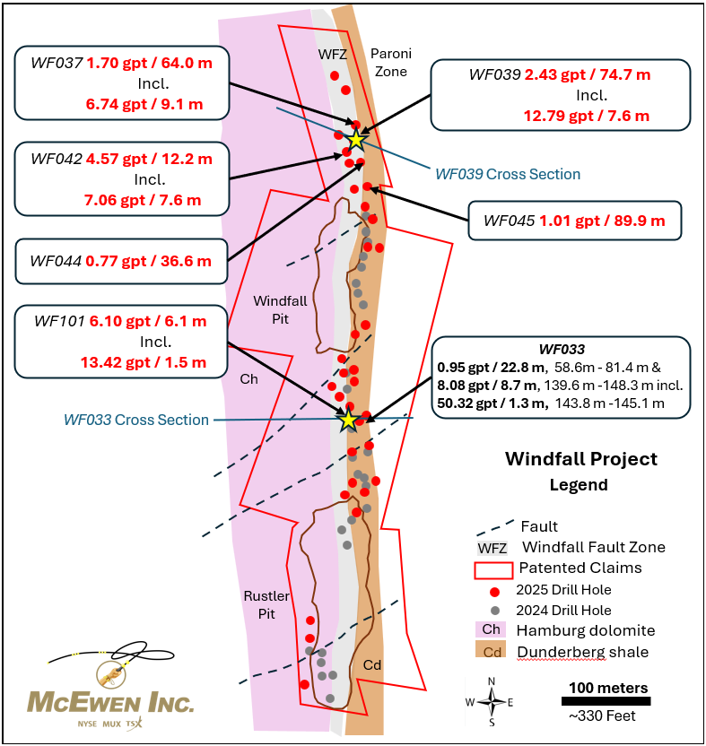 Figure 2: Map showing the location of new drill results in the Windfall area