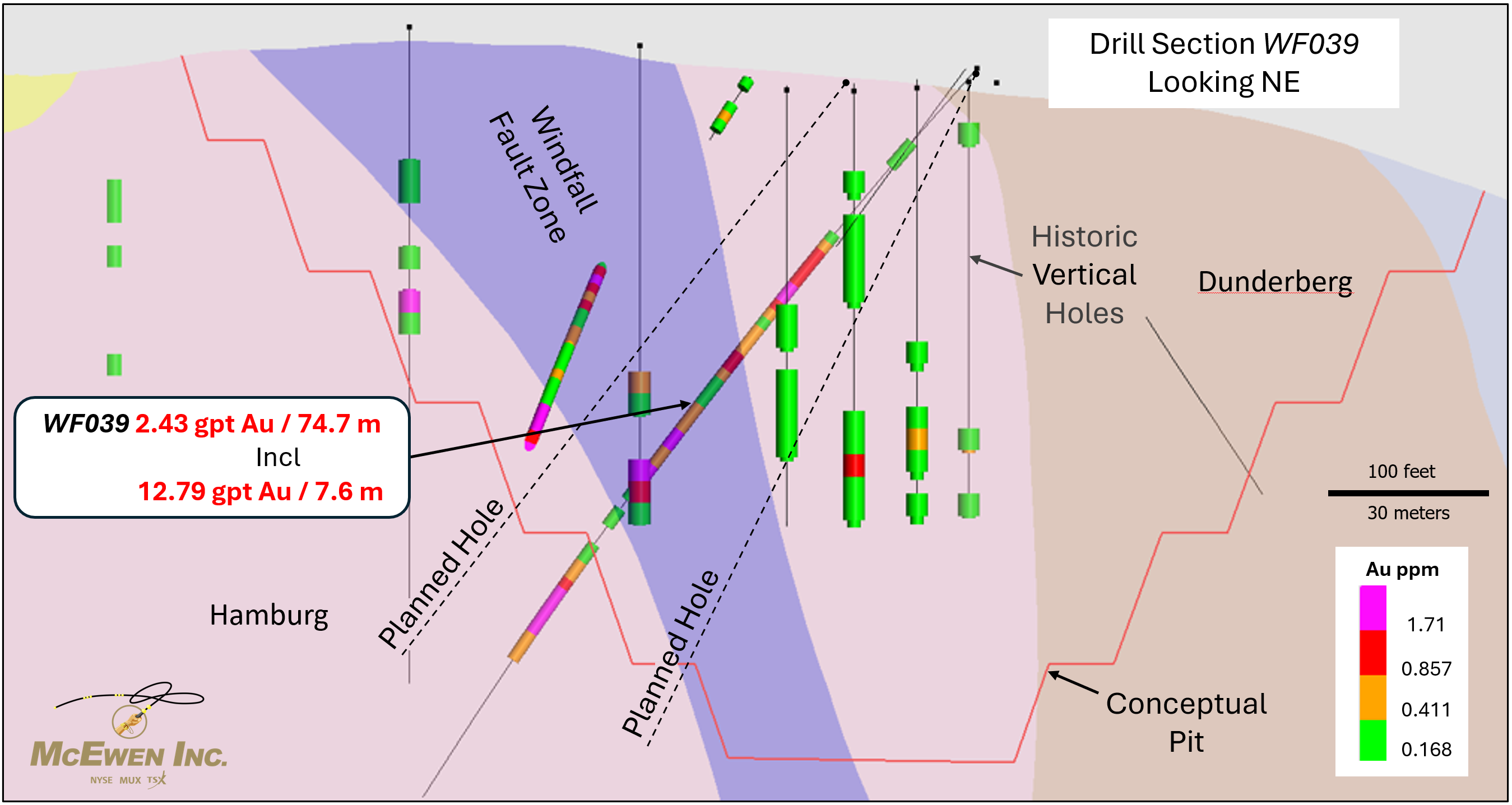 Figure 3: Cross-section of drill hole WF039 showing the extent of new mineralization found in the Windfall Fault Zone