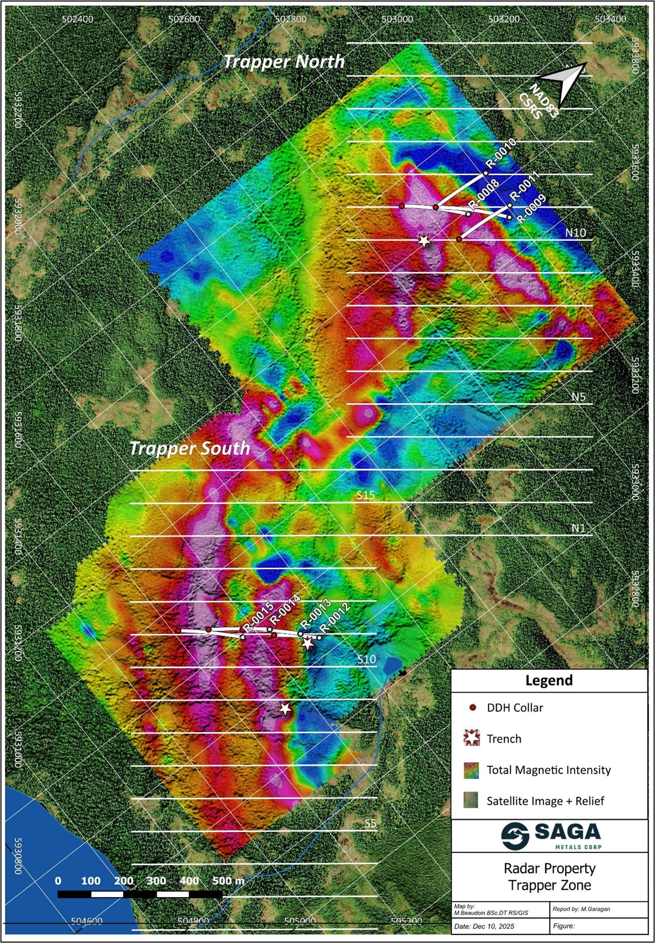 Location of the Phase 1 and Phase 2 of Fall 2025 Drilling at Trapper Zone, showing the TMI of the 2025 Trapper Zone ground magnetic survey.
