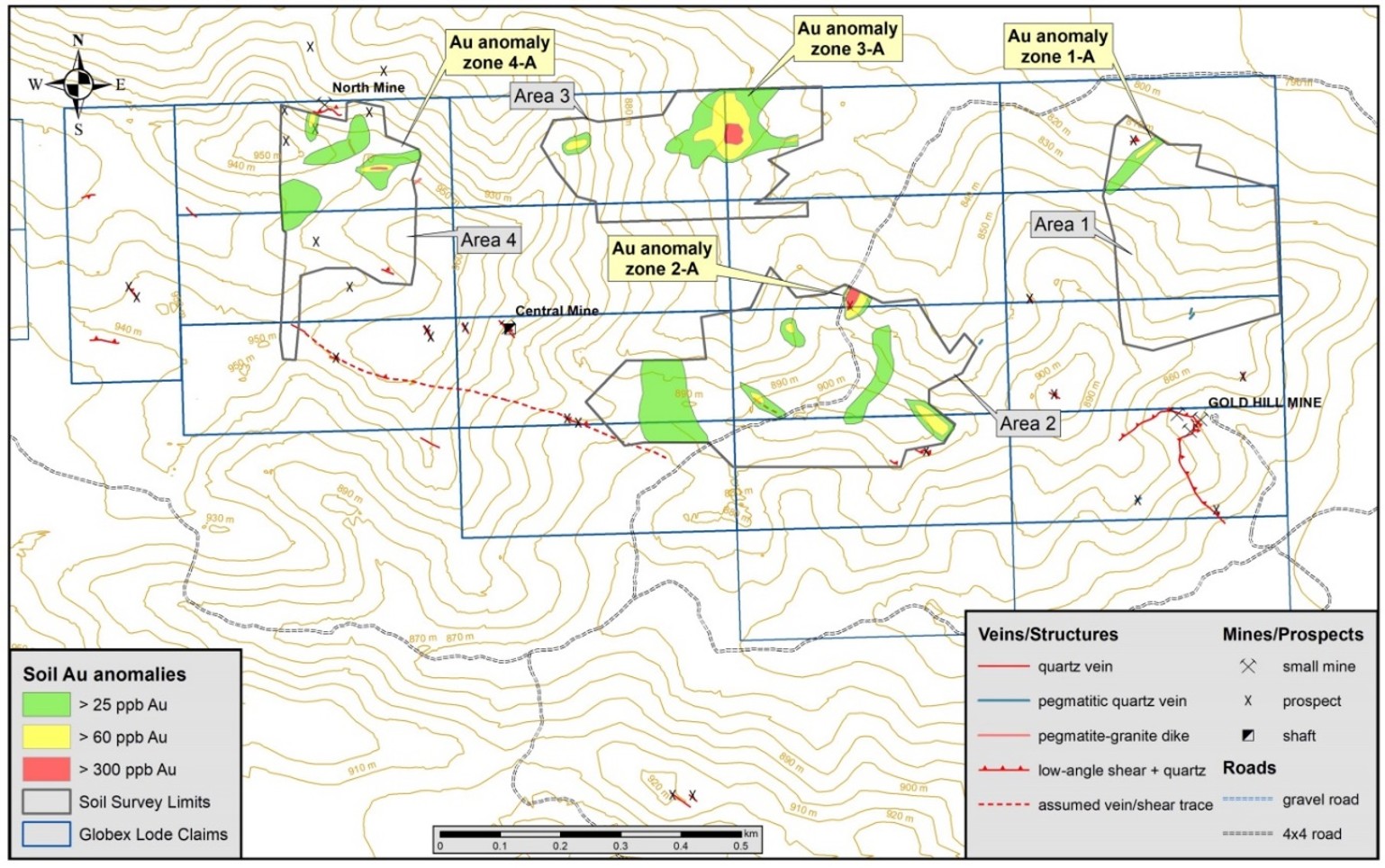 Globex’s Salt Spring East Claim Block with Gold in Soil Anomaly Zones