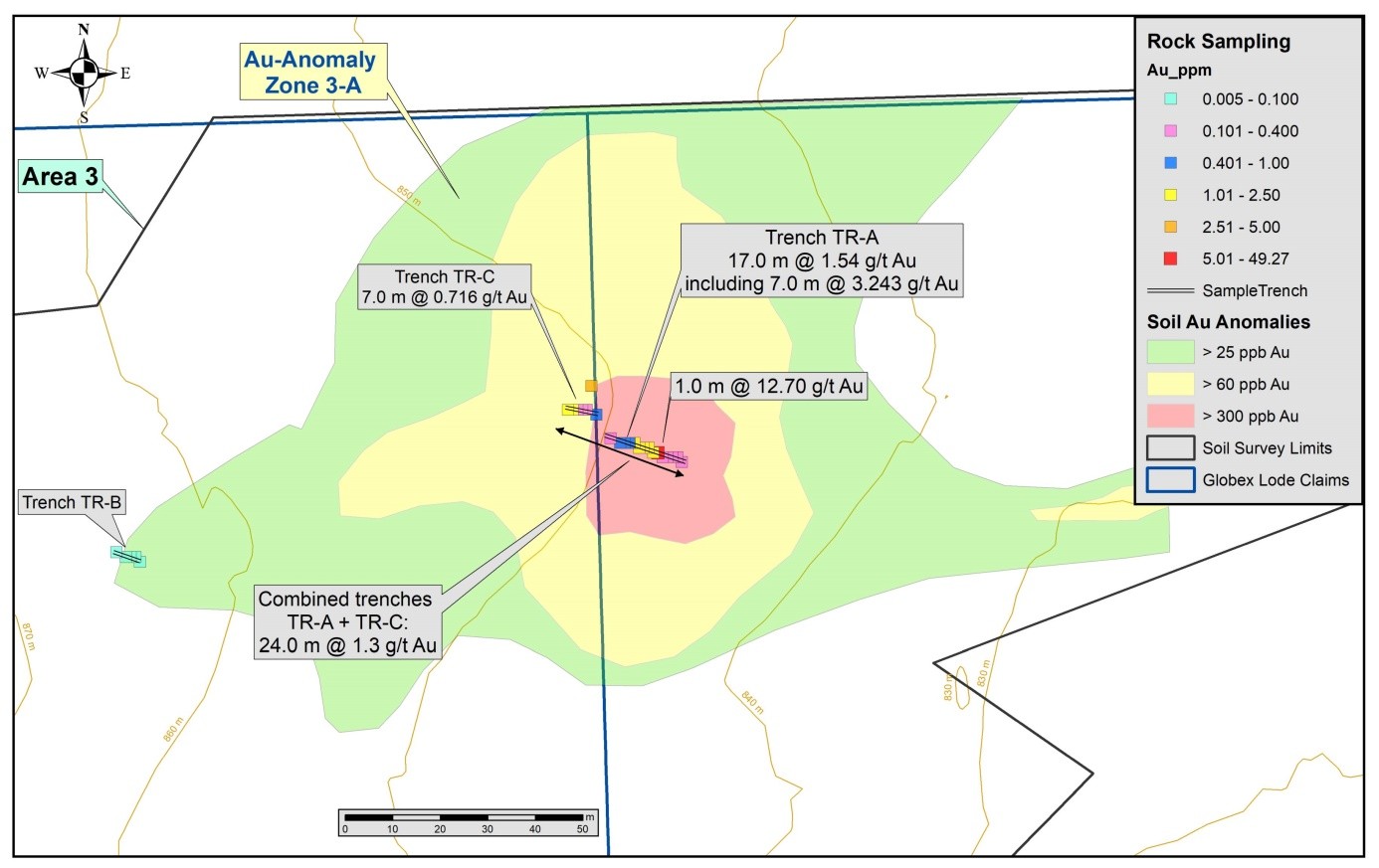 Close-up map of Gold in Soil Anomaly Zone 3-A, Trenches & Assay Results