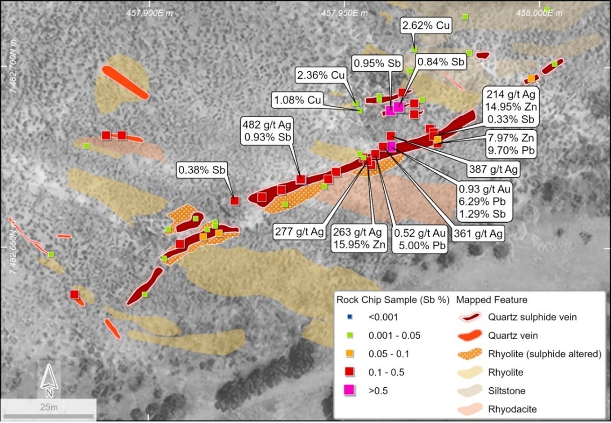 Previously released peak rock chip results at the Wyloo SE prospect and geology (outcrop mapping), highlighting significant Ag, Sb, Au, Cu, Zn and Pb results from the main vein array. Much of the target area only poorly outcrops (refer Figure 2 for geological setting)(1,3).