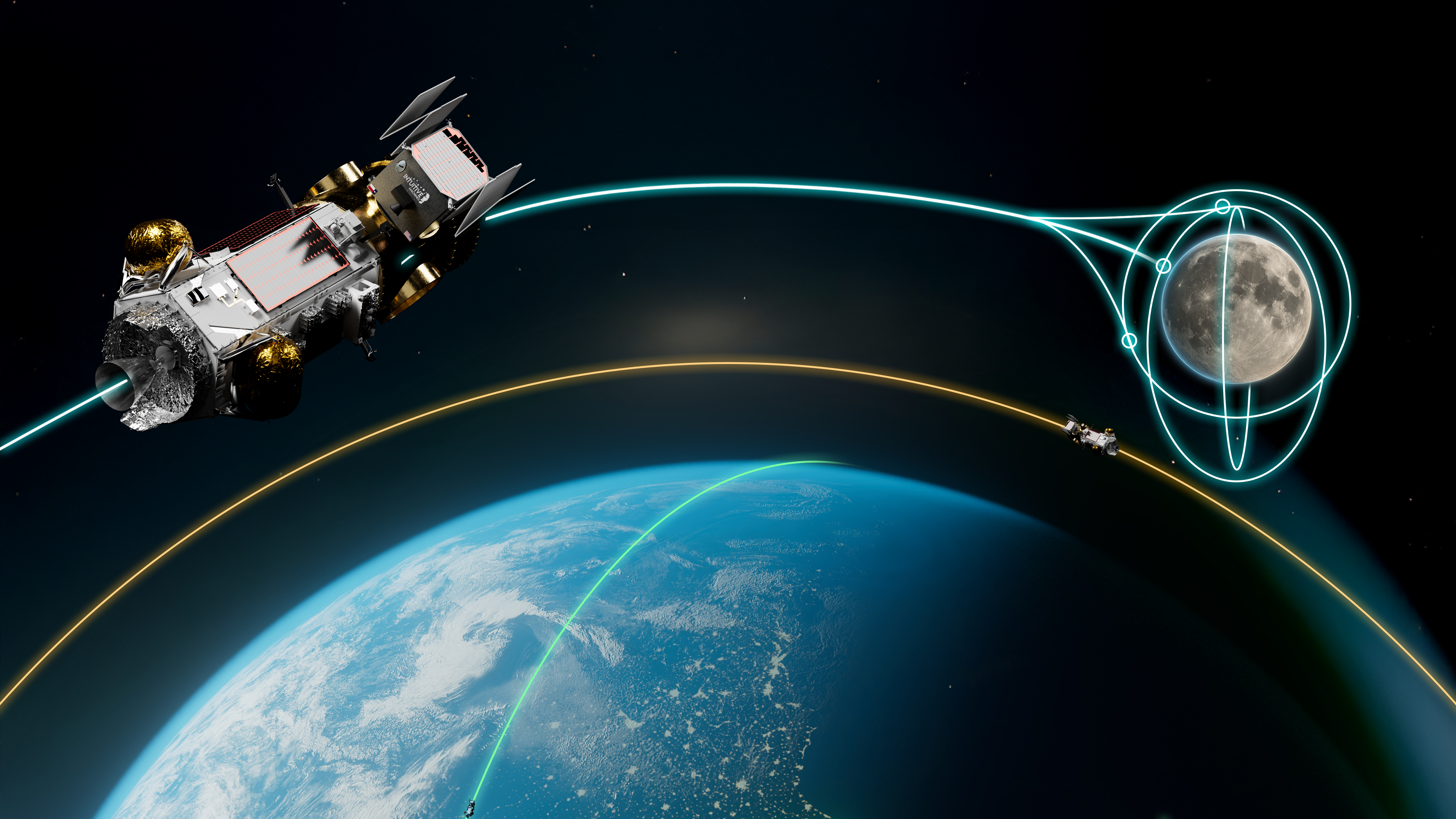Image depicting Intuitive Machines' Orbital Transfer Vehicle and its intended orbits around the Earth and Moon