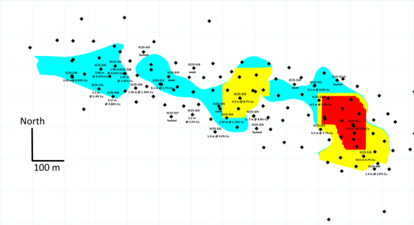 Drilling completed at the Black Butte Project from mid-December 2024 to mid-May 2025. Black diamonds show pierce points in Johnny Lee Lower Copper Zone. Colored areas show Measured (red), Indicated (yellow), and Inferred (blue) resource areas from the 2020 Technical Report.