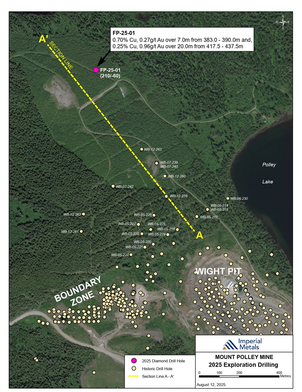 Location Plan Map showing the area of Boundary Zone and Wight Pit relative to the new diamond drill hole FP-25-01. Also shown is the section line A – A’ which controls the location of Figure 2