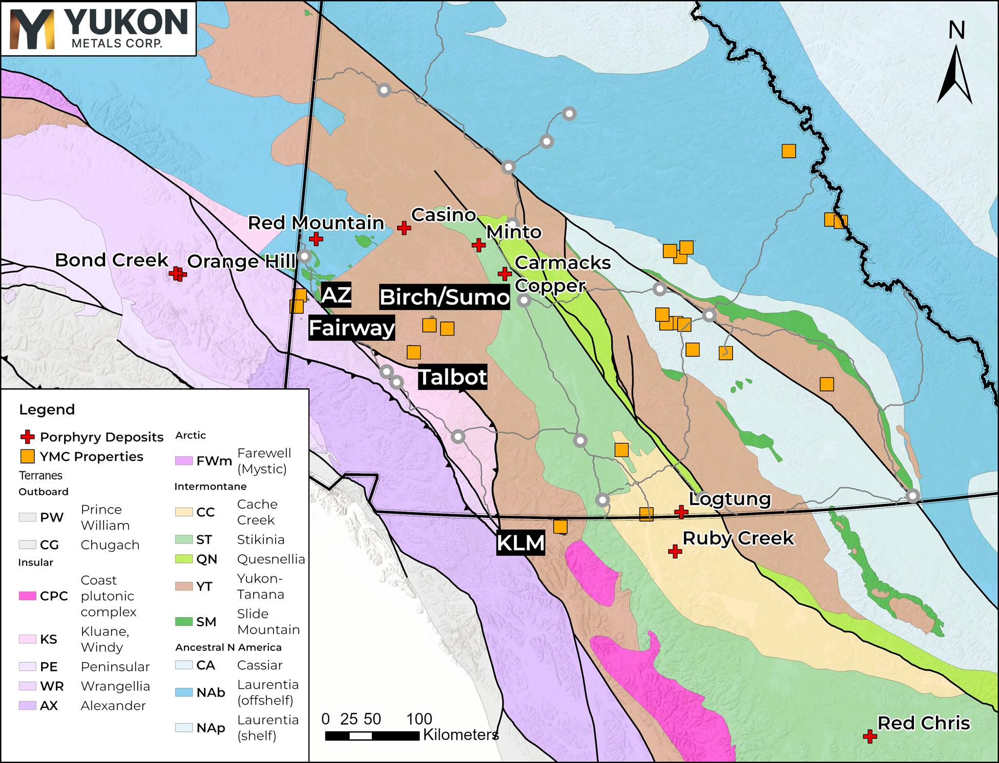 KLM property location in relation to YMC’s AZ/Fairway, Birch/Sumo, and Talbot Cu-Au projects with nearby porphyry deposits.