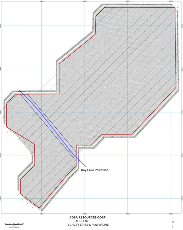 Planned high-resolution airborne radiometric survey line layout at Aurora, showing proposed 50-meter-spaced survey lines and the Key Lake powerline corridor.